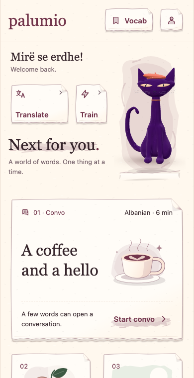 Palumio home: paper activity cards and Mira, a 3D character
