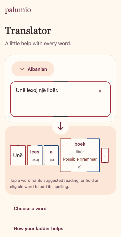 Albanian text with Dutch and English word-by-word translation help