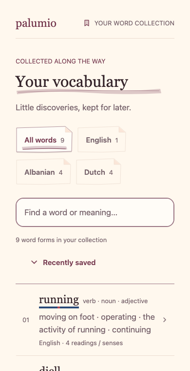 A vocabulary notebook with Albanian, English and Dutch words